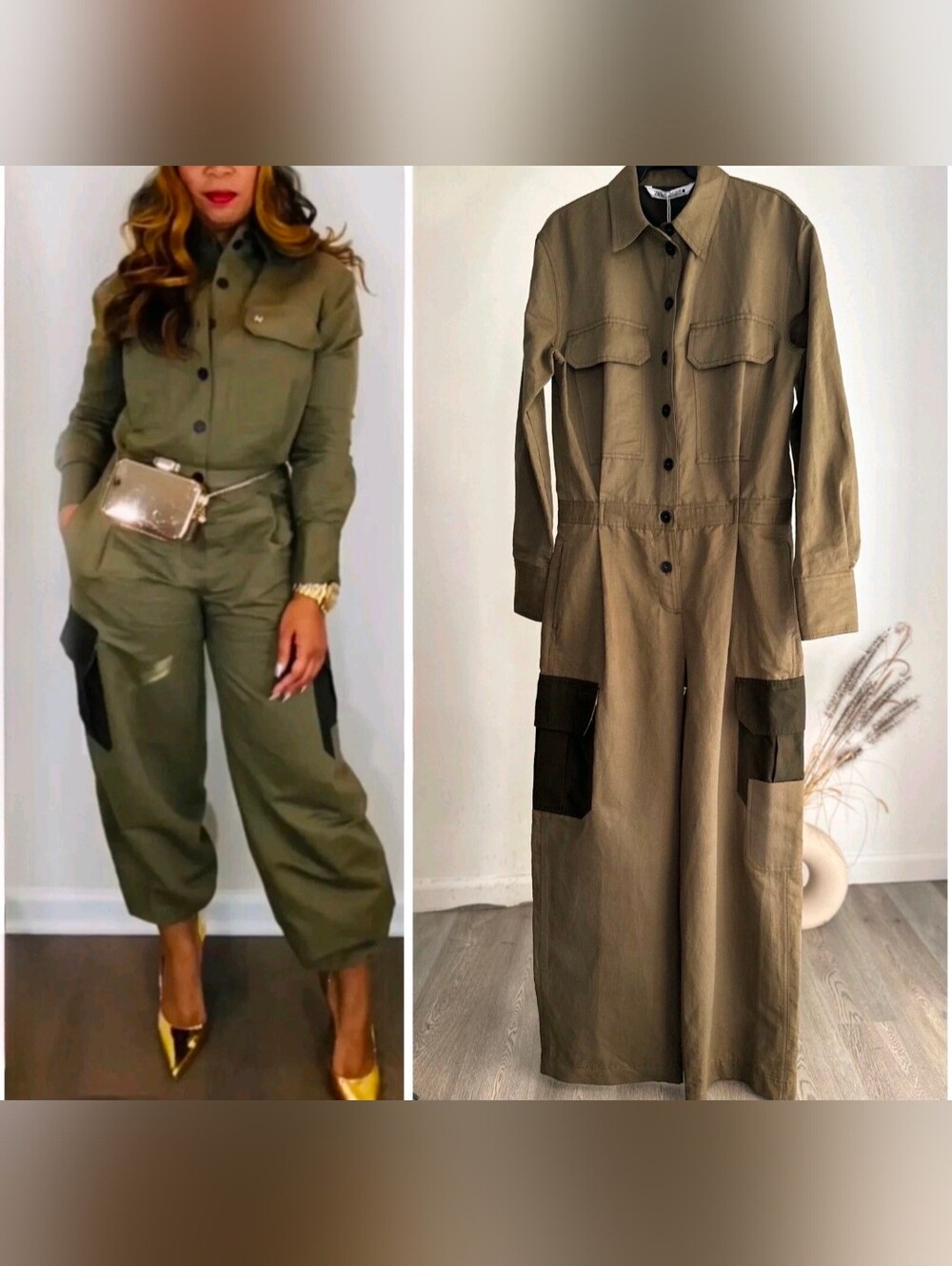 ZARA PATCHWORK JUMPSUIT LIMITED EDITION KHAKI GREEN